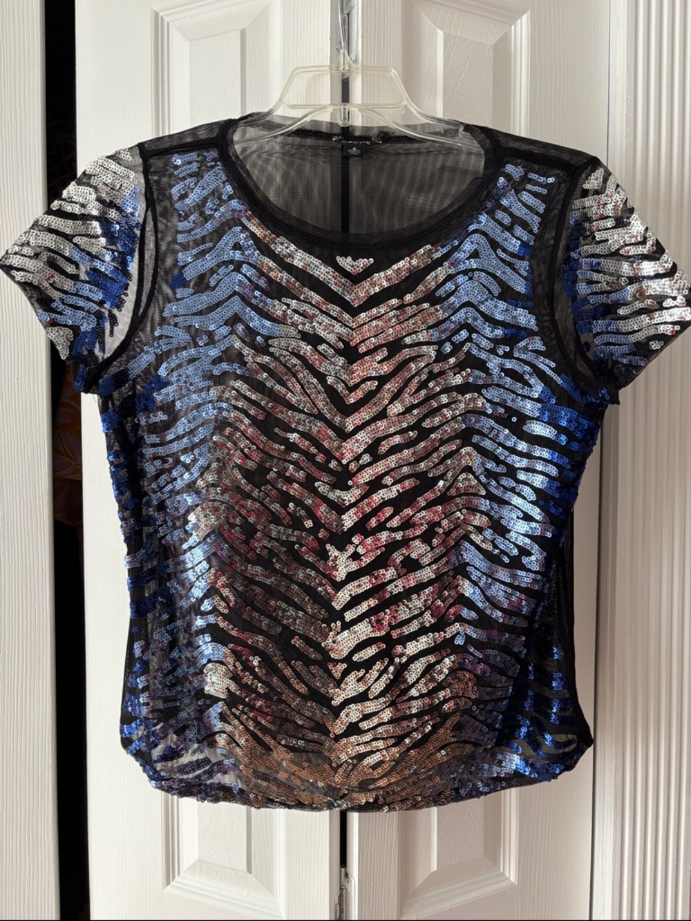 Cache Black Mesh Short-Sleeve Top with Blue and Silver Sequin Zebra Print